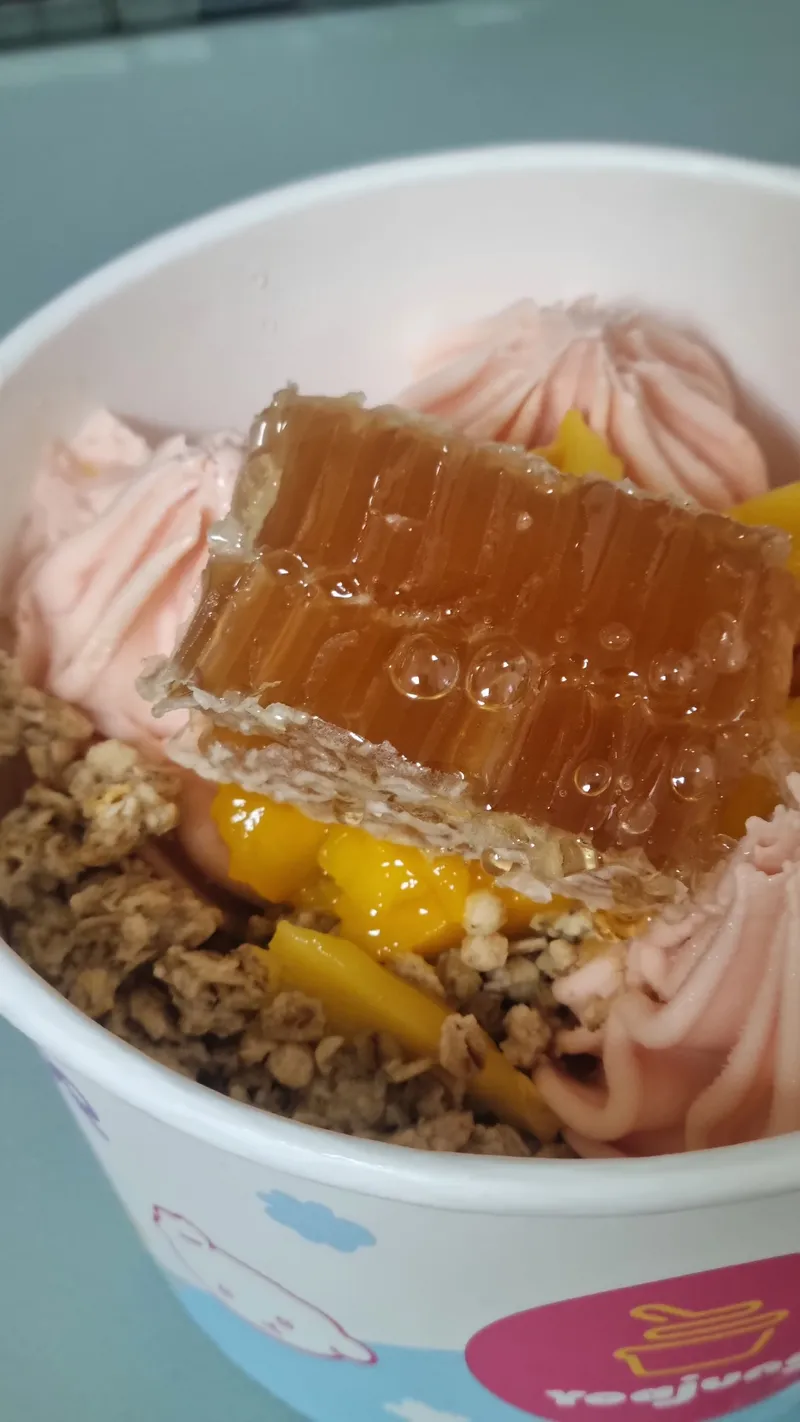 큼직한 벌집꿀 토핑이 올라간 아이스크림 근접 사진